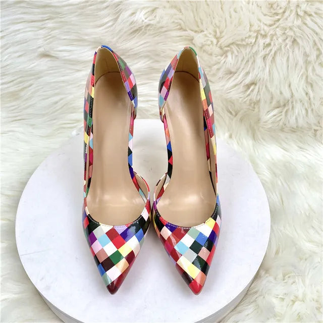 Women Multi-Color Plaid Print Pointy Toe Side Cut High Heel Fashion Designer Slip On Stiletto Pumps shoes