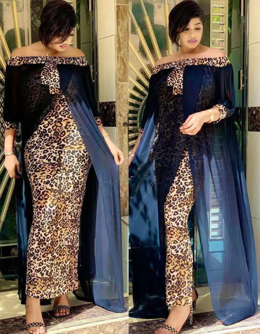 Women Autumn Sexy Leopard Printed Dashiki Dresses for Party Half Sleeve Slash Neck dress