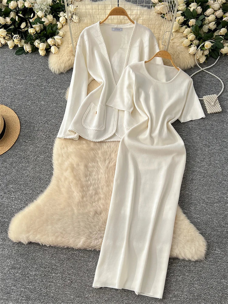 SINGREINY Office Ladies Autumn Knit Suits Long Sleeves Lace Up Cardigan Neck High Elastic Slim Fit Dress Senior Solid Sets