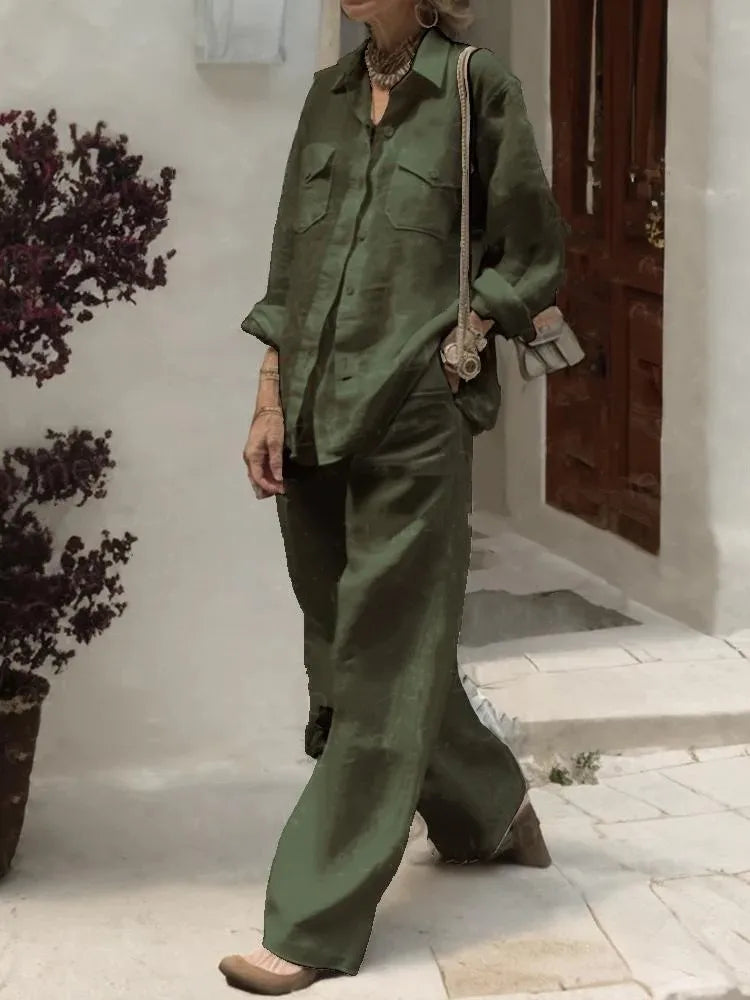 Women Elegant Lapel Neck Long Sleeve Shirt Pants Sets 2PCS Fashion Autumn Outfits Solid Work Trousers Suits Tracksuit
