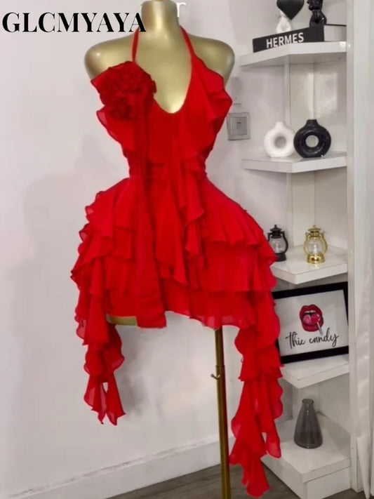 CM.YAYA Women Halter Neck Backless Tierred Ruffles Ball Gown Mini Dress 2025 Beach Holiday Party Birthday Street Sexy Dresses