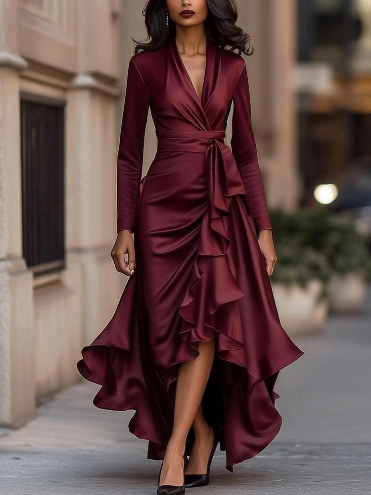 Women Sexy V-neck Long Sleeved Autumn Dress Tie Up Waist Solid Color Casual Dresses Ruffle Design Irregular Vestidos Robe Dress