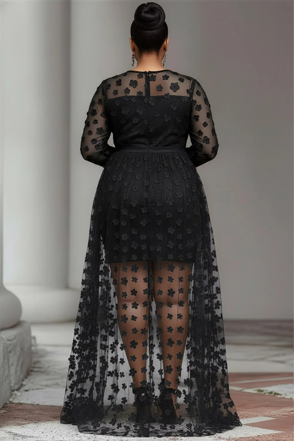 women Plus Size Party Round Neck Long Sleeve High Low Hem Elegant See Through Tulle Mini Dresses