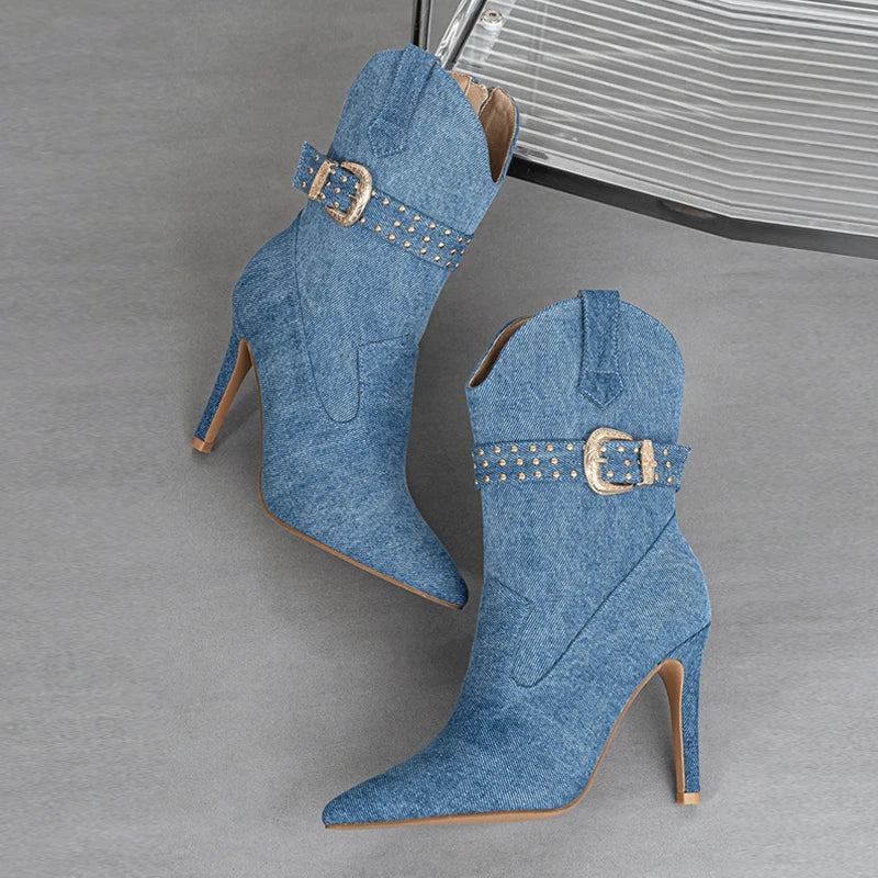 Woman Fashion Liyke Western For Rivet Belt Buckle Ankle Booties Pointed Toe High Heels Style Cowboy Boots