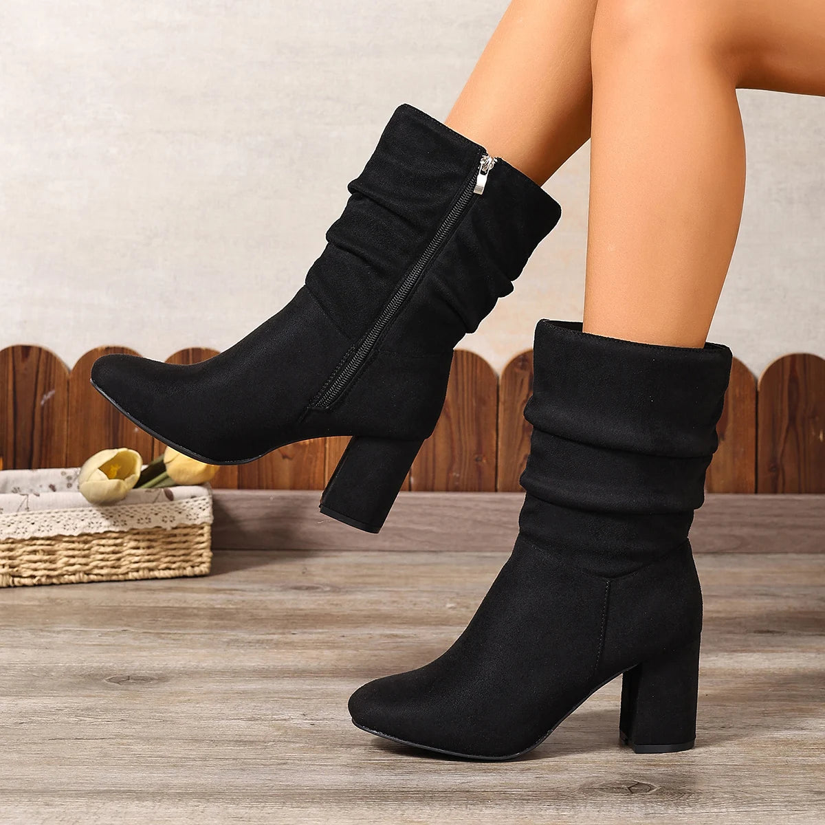 Women elegant Pleated booties, high heels, thick heels, suede, one-foot wide boots, fashionable spring, autumn, and winter boot