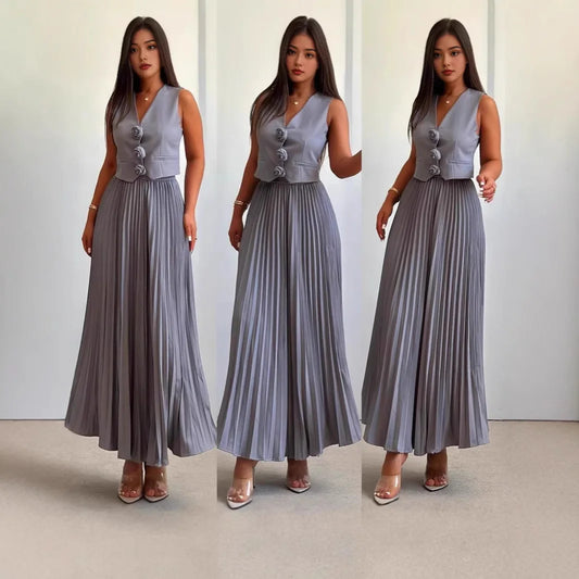 Women 2pcs Office Casual Clothes Set Sleeveless Button Tank Top Vest Solid Color & Long Pleated Skirt
