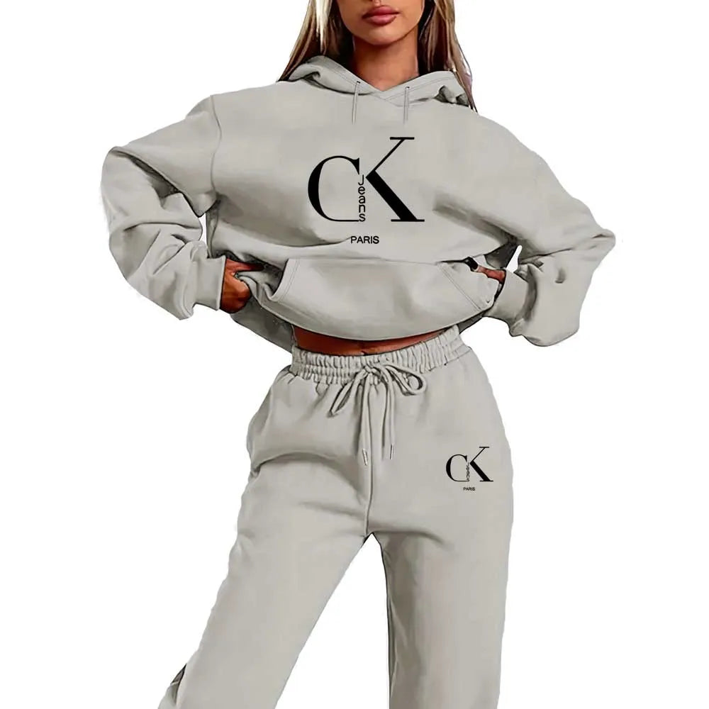 Women'S Casual Winter Hoodie and Pants Set - Black with White Logo Drawstring Hooded Sweatshirt & Joggers All-Season Comfort