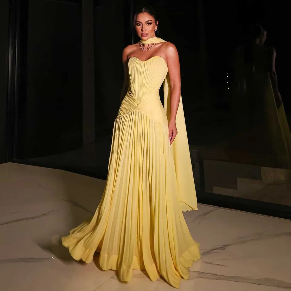 Women Spring Soft Yellow Long Prom Dresses Evening Dress Wedding Gown