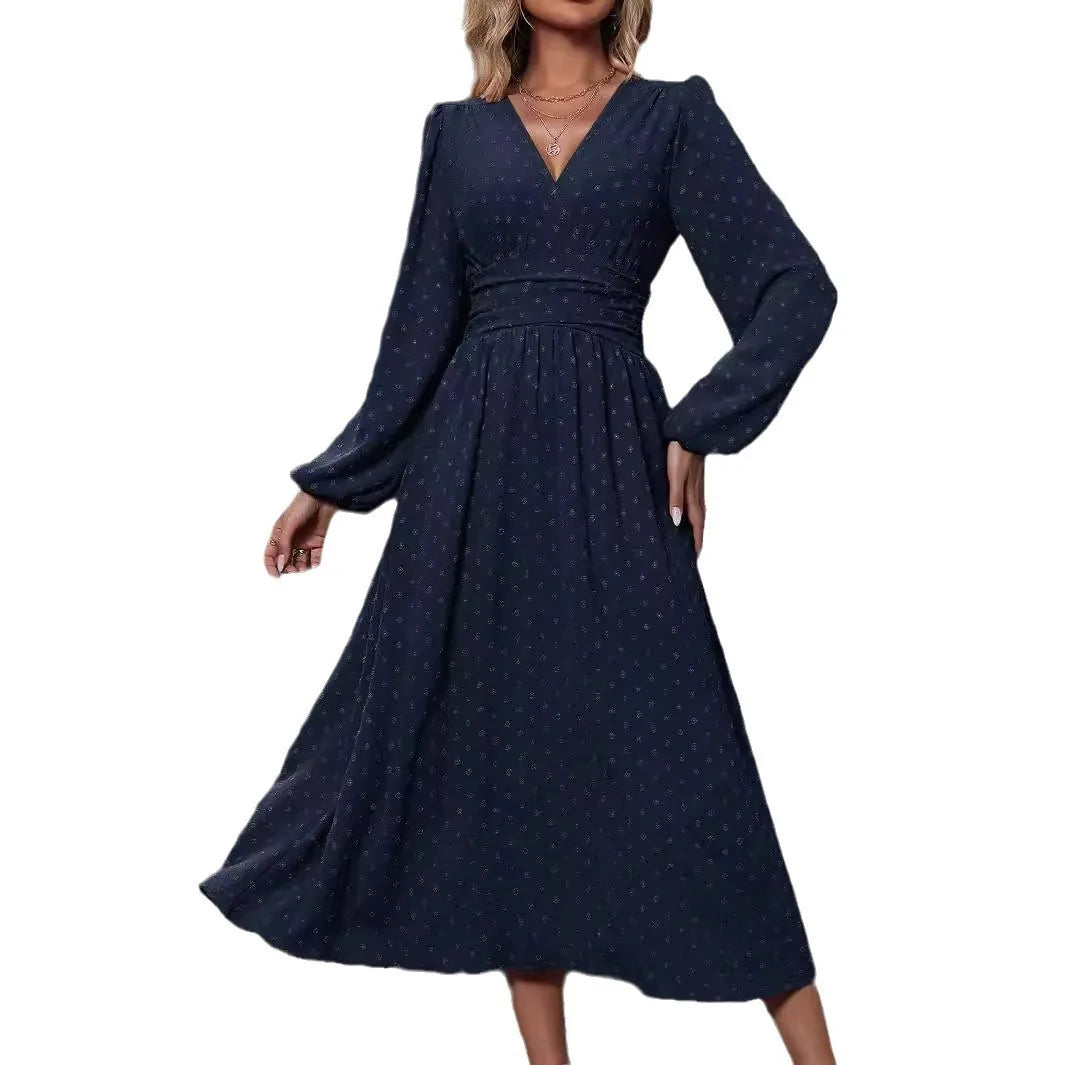 Woman Fall and Winter New Arrival: Off-Shoulder Lantern Sleeve Pleated Long Dress