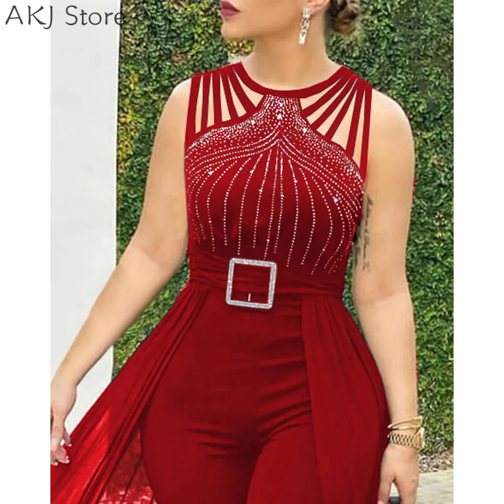 Women's sexy round neck rhinestone sheer mesh sleeveless with belt jumpsuit