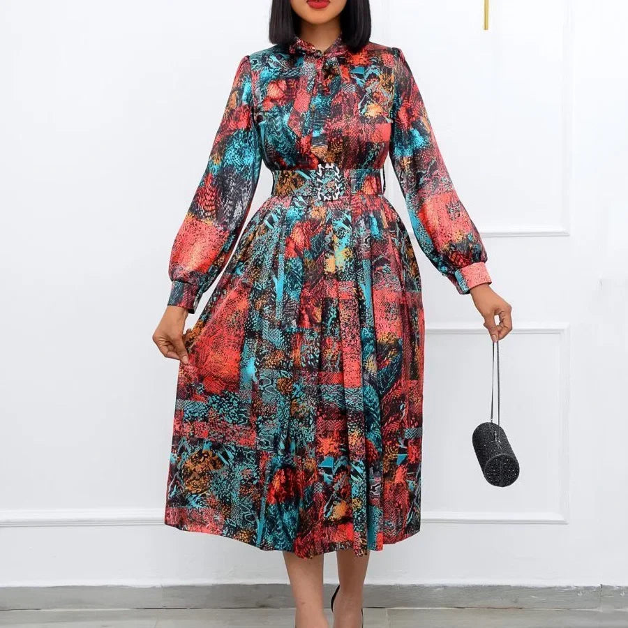 Women Elegant Vintage Dresses for Bow Collar Full Sleeve Belt Waisted A Line Mid Calf Birthday Party Dinner Vestidos Mujer Dress