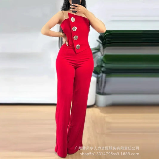 Ladies New Strapless Irregular Hem Jumpsuit Wide Leg Pants