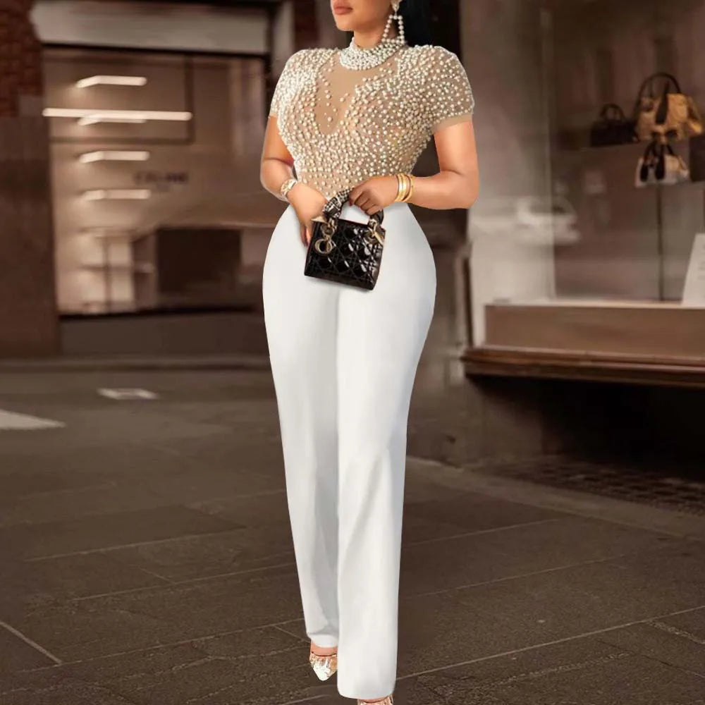 Women Elegant Jumpsuits & Rompers for O Neck Short Sleeve Beaded High Waisted Luxury Female Birthday Dinner Party Overalls Outfit