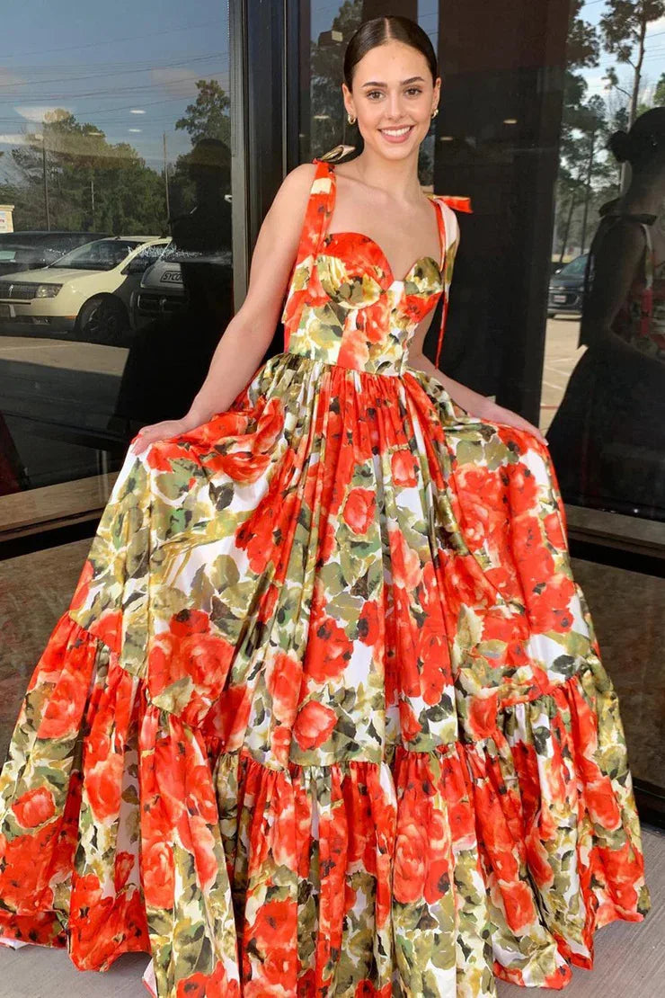 Women New Orange-red Anemone Flower Pattern French Button Suspender Long Dress