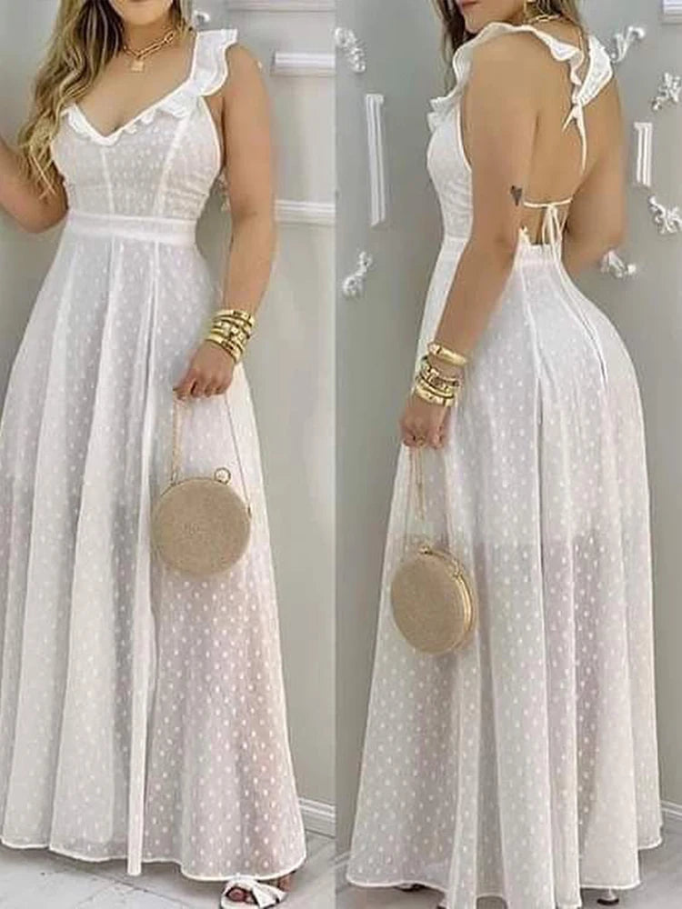 Women's yellow polka dot maxi dress ruffled neckline back tie sides for summer