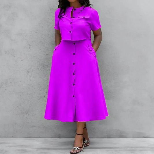 Women elegant Button Top & High Waist Skirt Set | Elegant O-Neck Two-Pieces