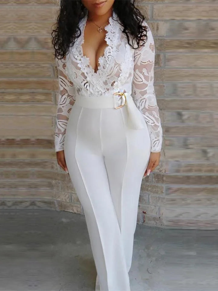 Woman White Jumpsuits Lace Stitching Long Sleeve V-neck Wide Leg Pants With Belt Lady Romper Mono