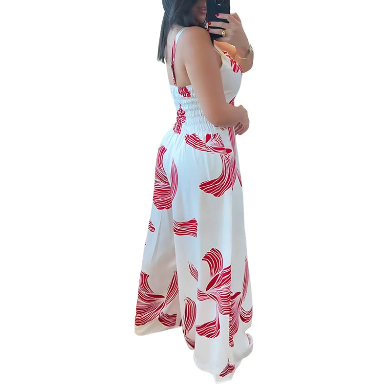 Women Elegant Sleeveless Hight Waist Playsuit Sexy Off Shoulder Wide Leg Fashion Pattern Print Loose Long Romper Jumpsuits