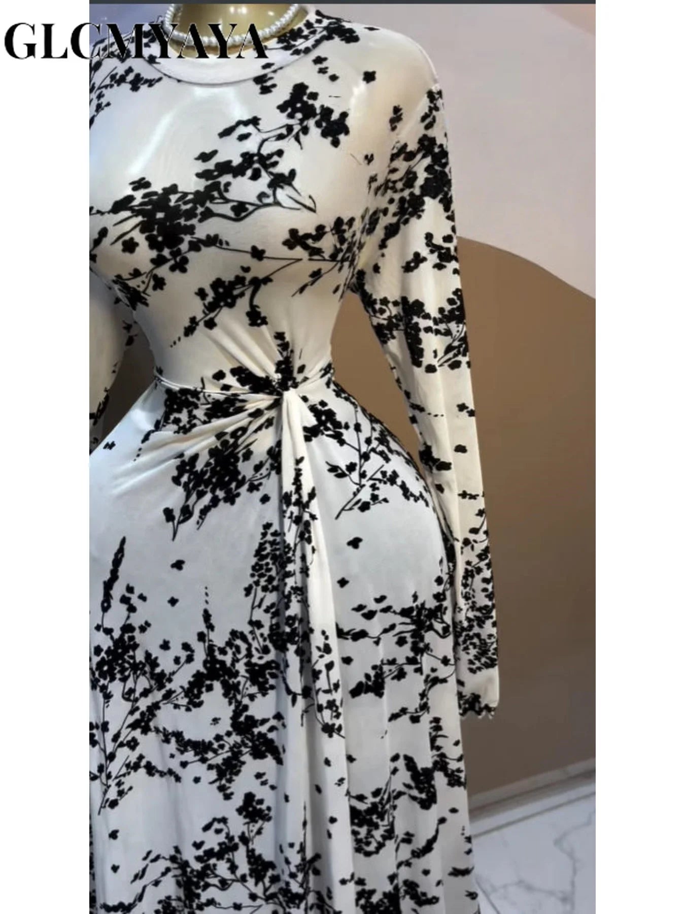 GLCMYAYA Women Floral Flocking O-neck Drap Waist Maxi Long A-line Dresses