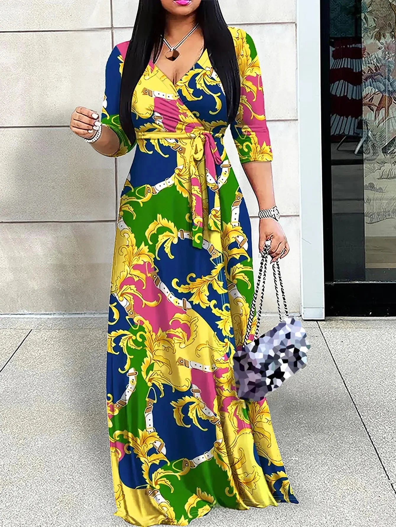Women Elegant Long Dress with Belt Mid Sleeve V-Neck for Spring Summer Autumn Fashionable Ankle-length Dress