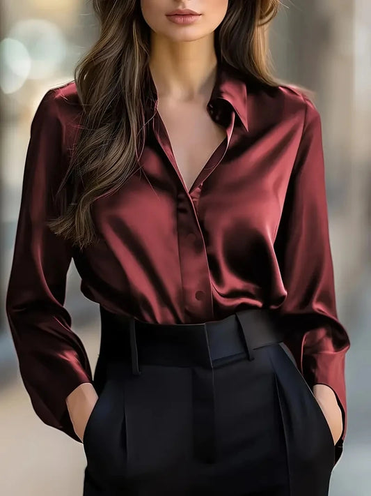 Women Elegant Black Satin Long Sleeve Button-Up Collar Shirt Perfect for Casual or Professional Wear Blouse