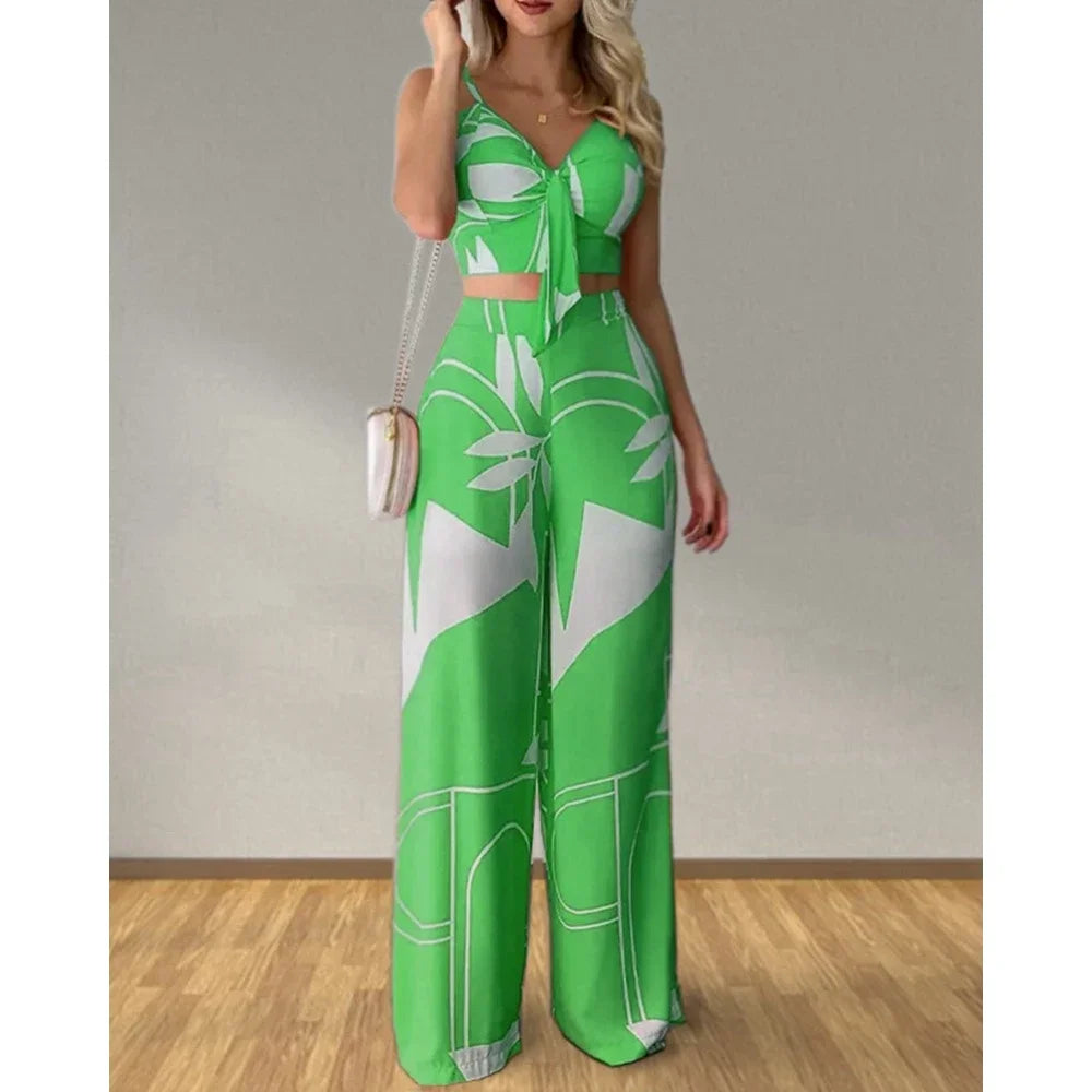 Women Summer Tropical Print Spaghetti Strap Casual Lace up Back Top &High Waist Pants Set 2 Pieces Suit Sets