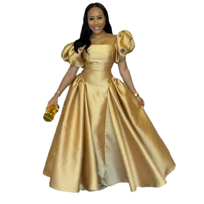 Women Elegant puff sleeve square collar gold solid pleated A-line evening party cocktail maxi Dresses
