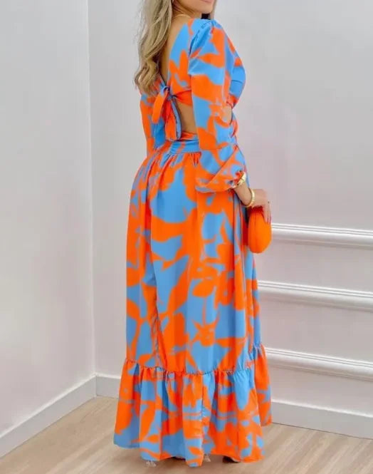 Ladies Spring Long Sleeved Cutout V-Neck Twist Elegant Tie Dyed Floral Printed Lantern Sleeve Split Thigh Maxi Dress