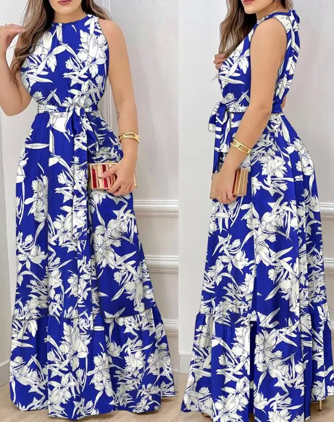 Women spring Fashion Leaf Print Sleeveless Casual O-Neck Maxi Daily Vacation Dress with Belt