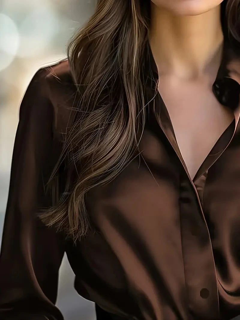 Women Elegant Black Satin Long Sleeve Button-Up Collar Shirt Perfect for Casual or Professional Wear Blouse