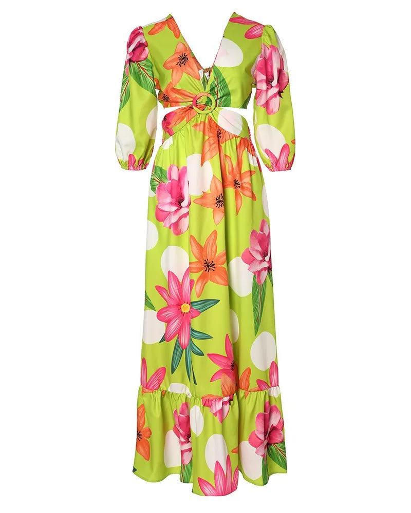 Ladies Spring Long Sleeved Cutout V-Neck Twist Elegant Tie Dyed Floral Printed Lantern Sleeve Split Thigh Maxi Dress