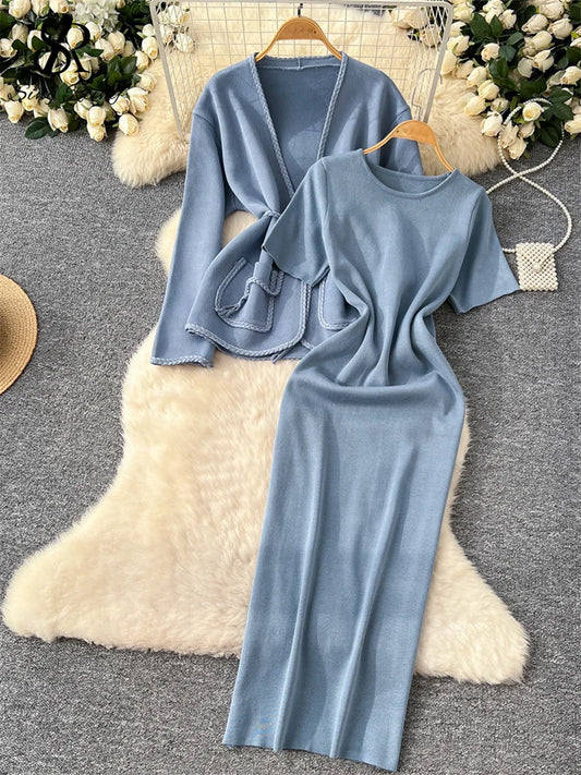 SINGREINY Office Ladies Autumn Knit Suits Long Sleeves Lace Up Cardigan Neck High Elastic Slim Fit Dress Senior Solid Sets