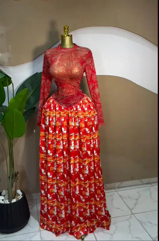 Women CM.YAYA Long Sleeve Tie Dye Print O-neck Big Swing Midi A-line Long Evening Birthday Party Dresses