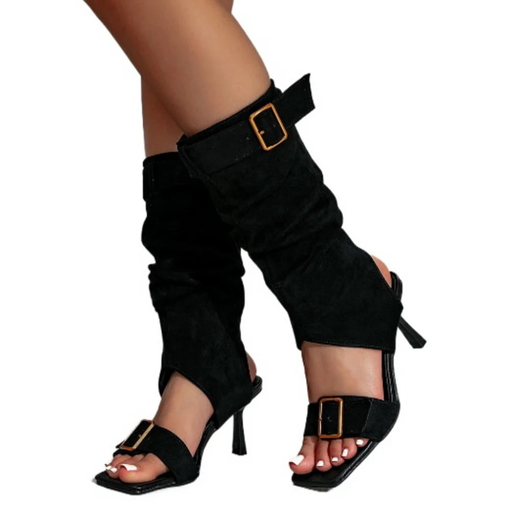 Women New Back Hollow Out Slingback Sandals Boots, High Heels , Demin Botas Foot ware, BLACK, Brown, Blue, Summer Shoes