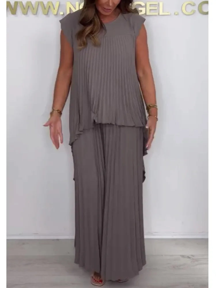 Women Summer Solid Casual Holiday Two Piece Sets Elegant Pleated Irregular O Neck Sleeveless Top + Wide-leg Pants Loose Outfits