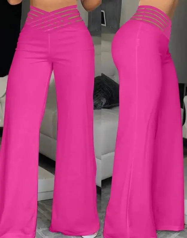 Women High Elastic Waist Wide Leg Loose Pants Summer Fashion Oversized Solid Color Dance Full Flare Trousers LRFZ-m040