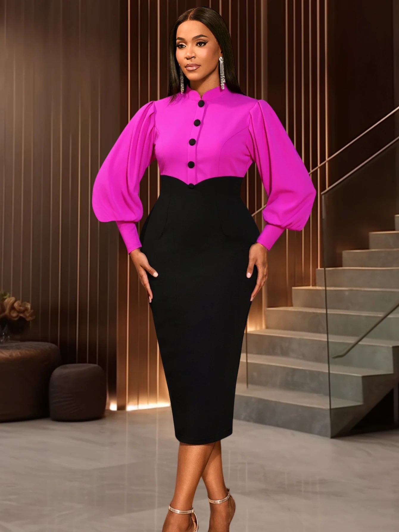 Women Elegant Mock Neck Long Lantern Sleeves Buttom Up Color Block Package Hip church Party Office Business dresses