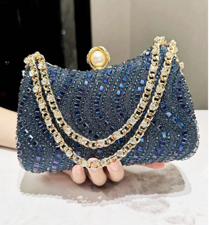 Women Fine Rhinestone Diamond Inlay Dinner Evening Retro Luxury Gold Silver Blue Small Clutch Wedding Party Shoulder Bag