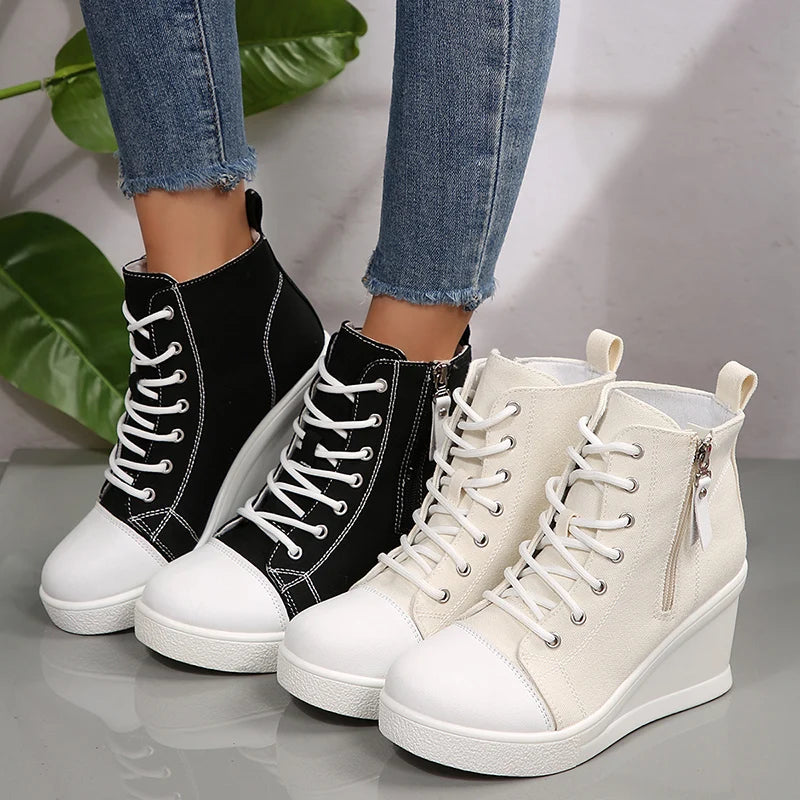 Women Black High Top Canvas Sneakers Shoes Zipper Lace Up Ankle Boots