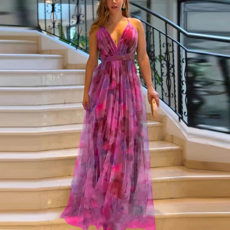 Women Elegant Strapless Mesh Print sexy sleeveless hight waistLong Dress