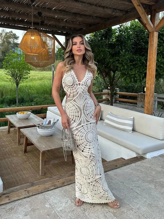 Ladies Solid V-neck Slip Knit Maxi Dress Sexy Cover Up Bikini Swimsuit Cover-up Beach Bathing Suit Beach Wear Knitting Swimwear