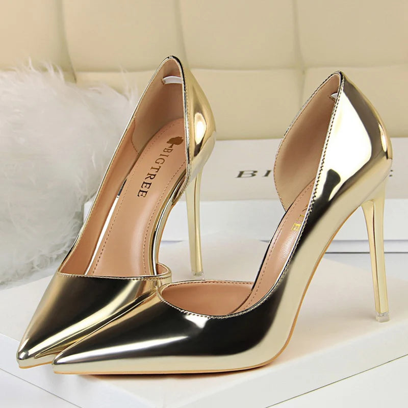 Women High Heels Pumps Lady Stripper Stiletto Metallic Leather Scarpins Wedding Heels