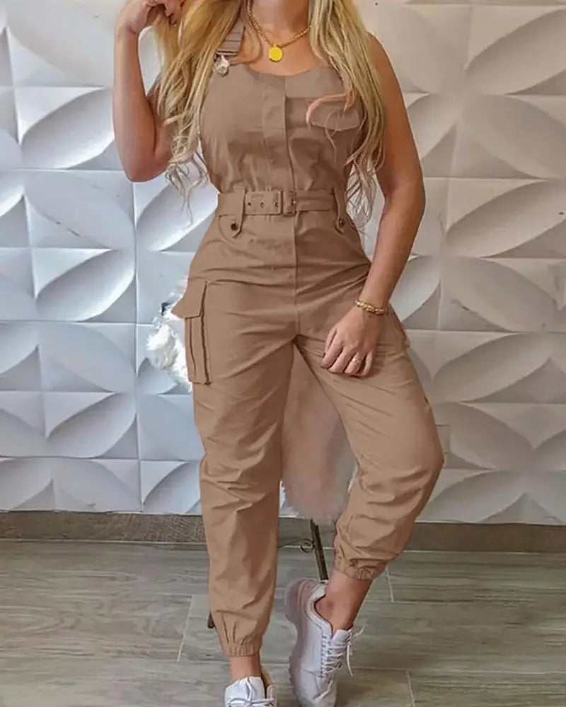 Women Fashion Strap Jumpsuit Loose Dungarees Long Rompers Summer Solid Pockets Cargo Pants