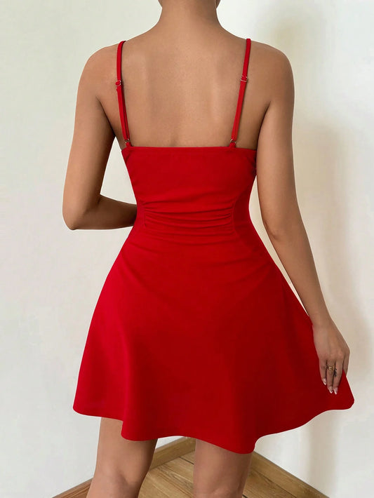 A lady cinched waist tight red halter top A-line mini dress elegant vacation,daily,dance party