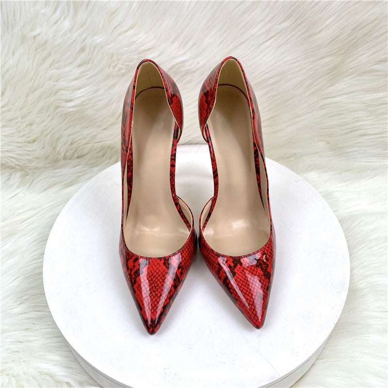 Women Red snake patterned socialite high heeled with pointed toe, slim heel, shallow mouth, side air single shoe