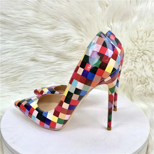 Women  Multi-Color Plaid Print  Pointy Toe Side Cut  High Heel  Fashion Designer  Slip On Stiletto Pumps shoes