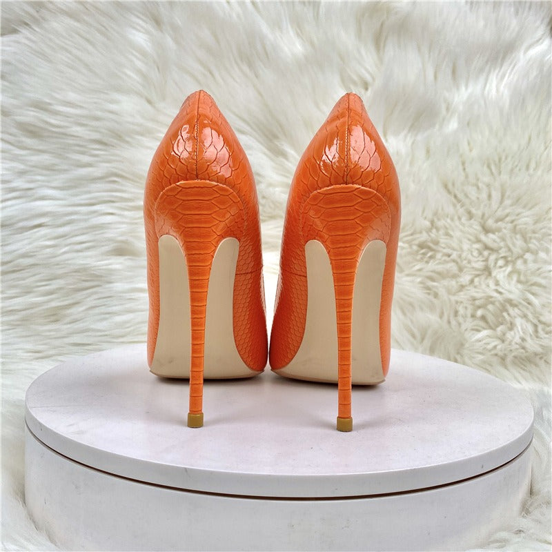 Women Orange snake patterned socialite high heels pointed toe thin heels, fashionable and sexy shallow mouth Shoes