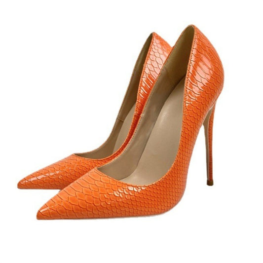 Women Orange snake patterned socialite high heels pointed toe thin heels, fashionable and sexy shallow mouth Shoes