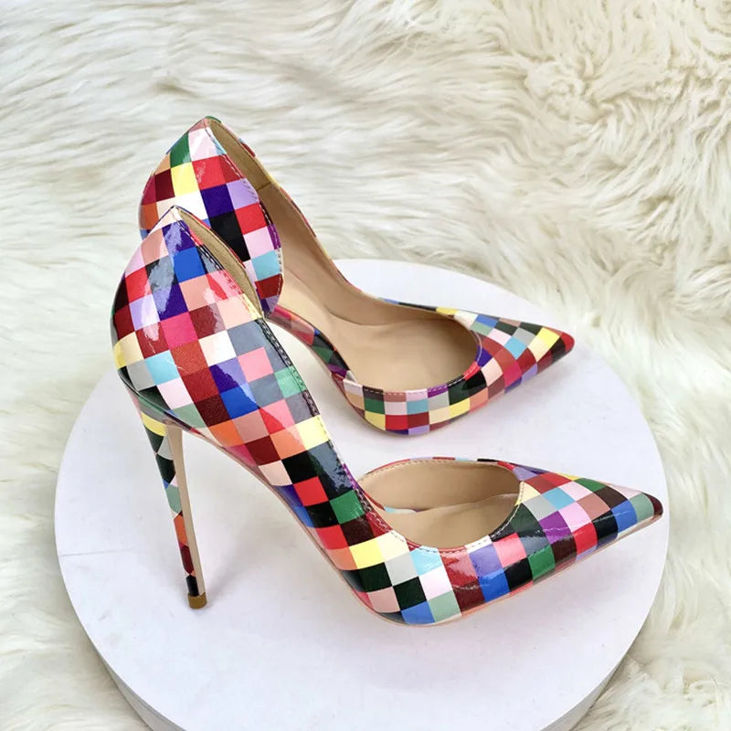 Women  Multi-Color Plaid Print  Pointy Toe Side Cut  High Heel  Fashion Designer  Slip On Stiletto Pumps shoes