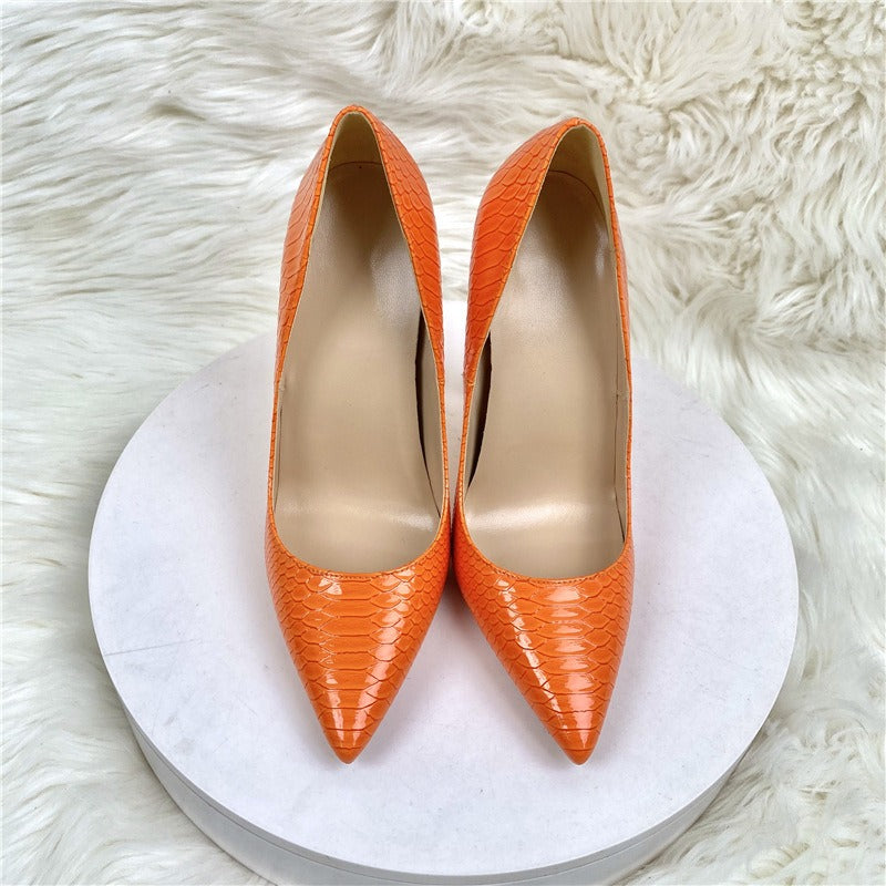 Women Orange snake patterned socialite high heels pointed toe thin heels, fashionable and sexy shallow mouth Shoes
